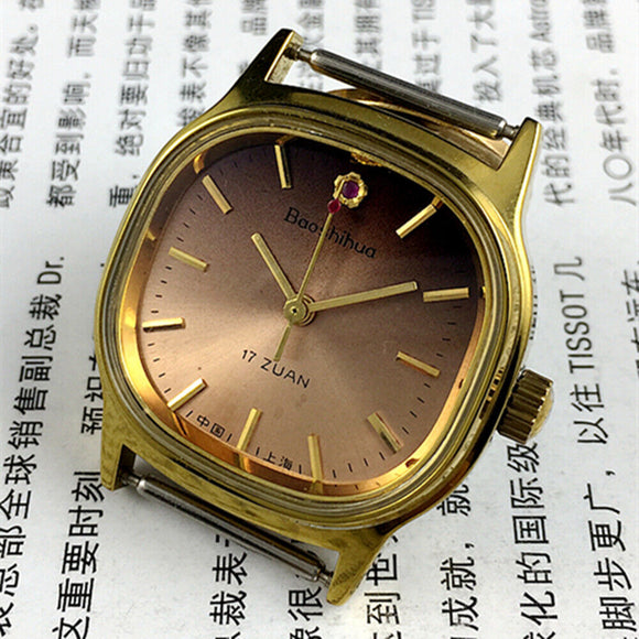 33mm Shanghai Manual Mechanical Watch Golden Nail 17 Jew Square Case Brown Dial