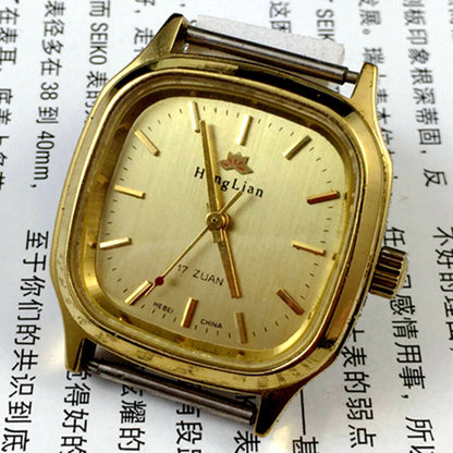 HONGLIAN Manual Mechanical Watch Golden Nail Square Golden Case Golden Dial