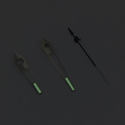 Green luminous watch hands with silver trim, compatible with China Made 8215/2813 Miyota 8N24 movements, enhancing readability.