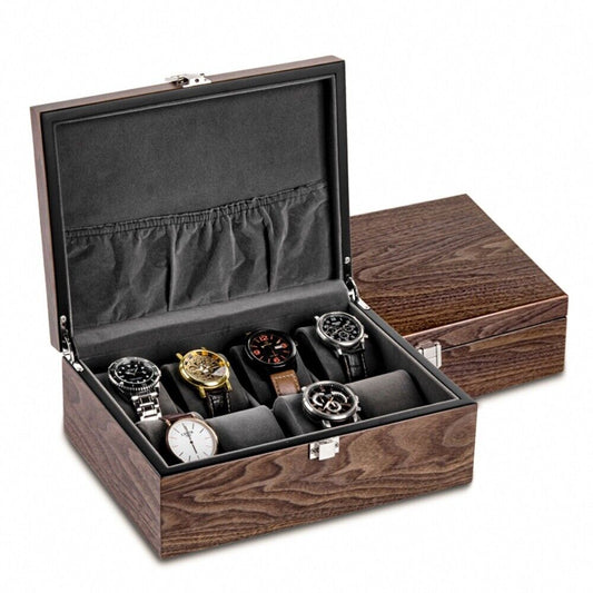 Walnut wood watch box organizer with 8 slots for elegant watch and jewelry storage.