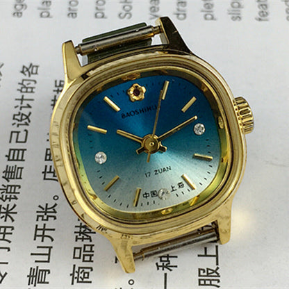 Manual Mechanical Lady Watch Golden Nail Square Case Gradient Blue Dial 3 Hands
