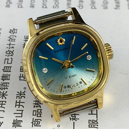 Manual Mechanical Lady Watch Golden Nail Square Case Gradient Blue Dial 3 Hands