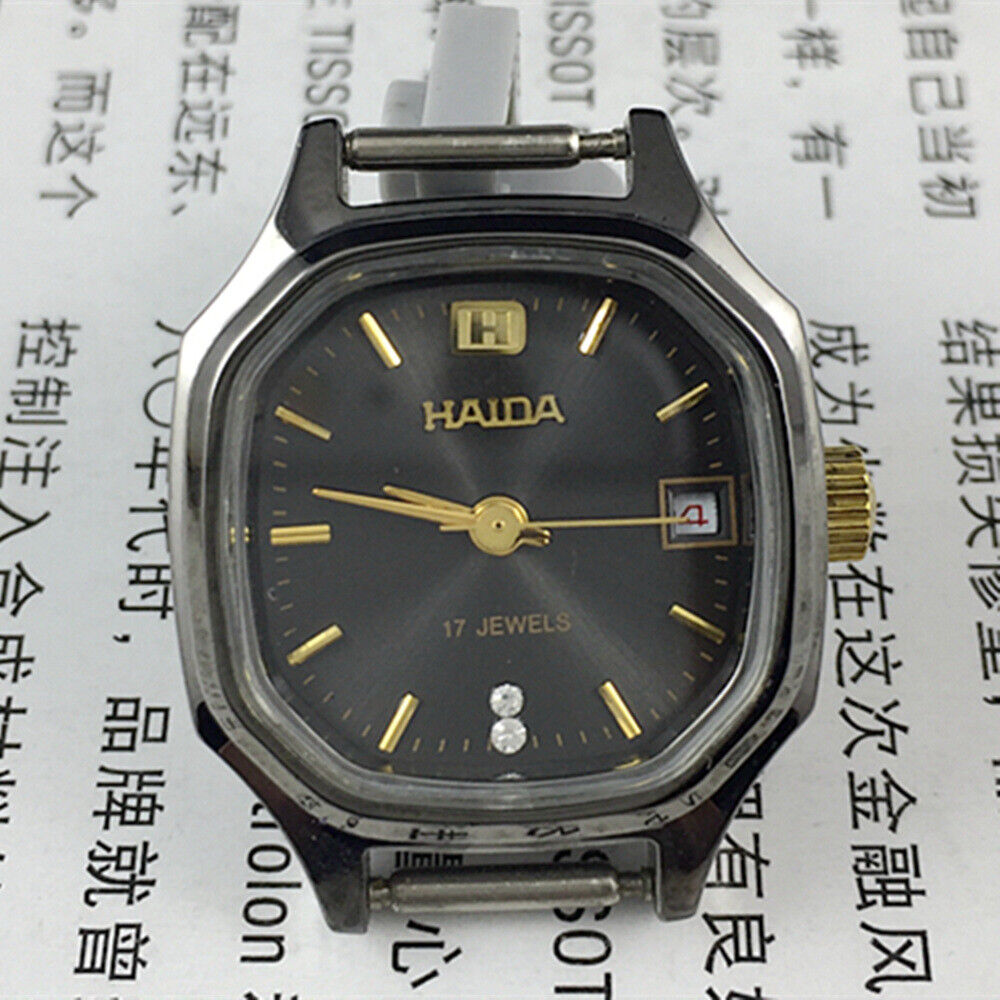 HAIDA 24mm black dial lady watch with octagonal case, manual mechanical movement, 17 jewels for precision.