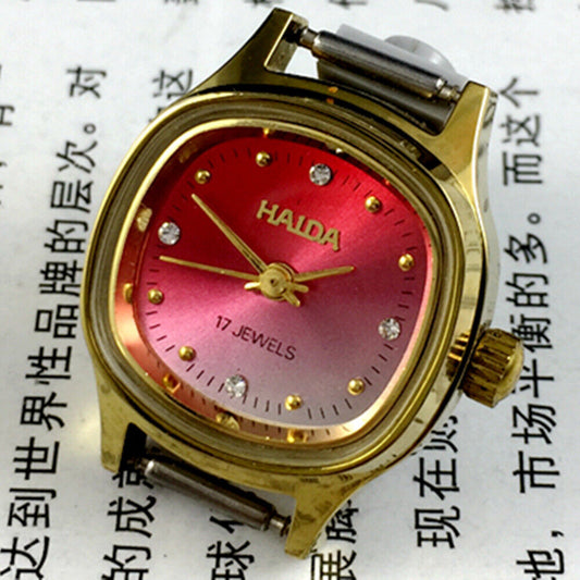 HAIDA 24mm lady watch with manual mechanical movement, diamond-style nails, and gradient red dial.