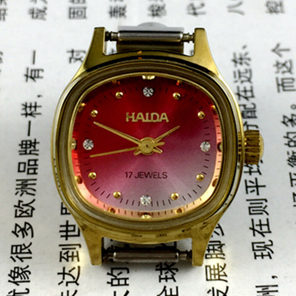 HAIDA 24mm lady watch with manual mechanical movement, diamond-style nails, and gradient red dial.