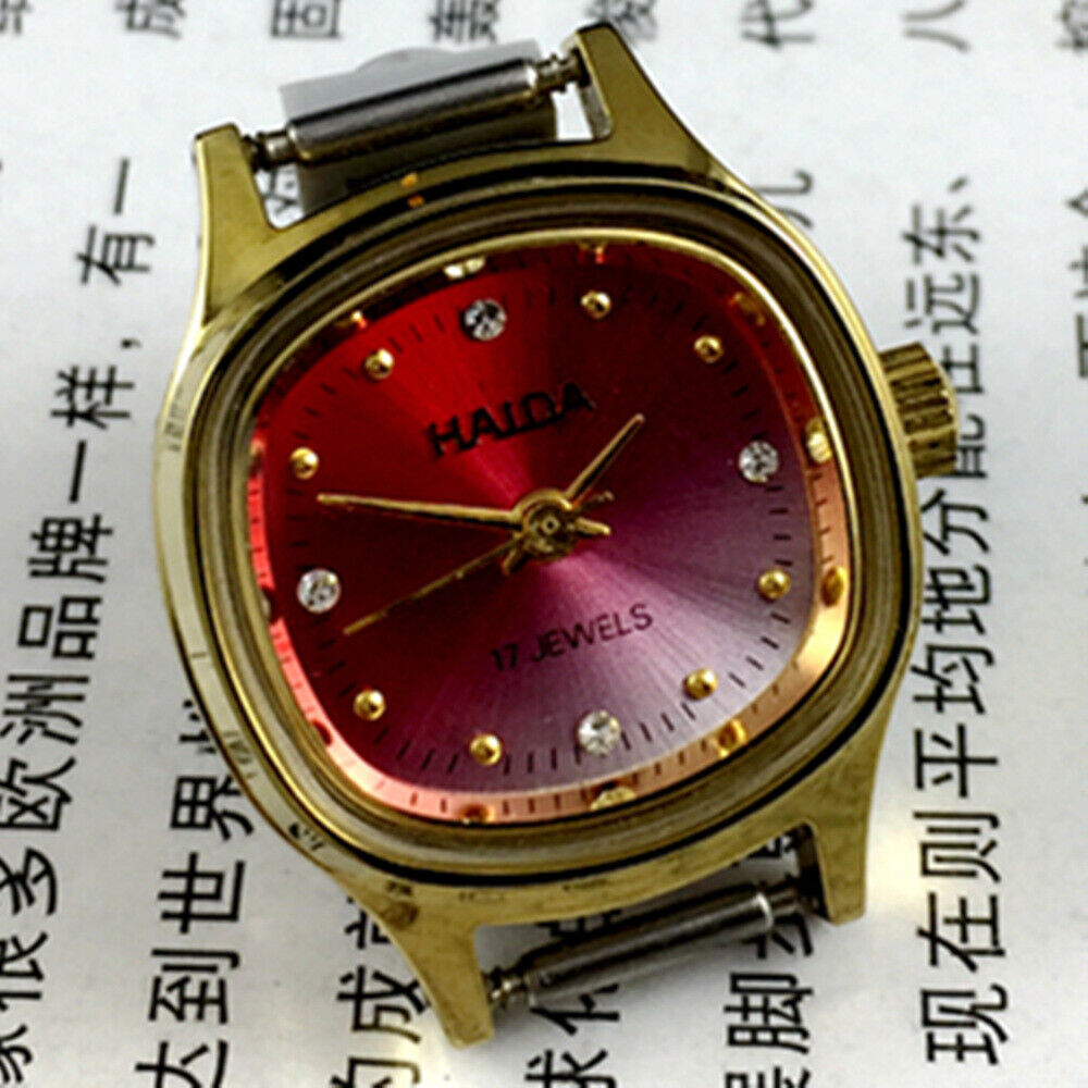 HAIDA 24mm women's watch with manual movement, diamond markers, and gradient red dial for elegant style.
