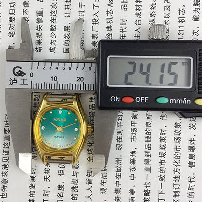 HAIDA 24mm Lady Watch with golden nail design, 17 jewels, manual movement, gradient green dial.