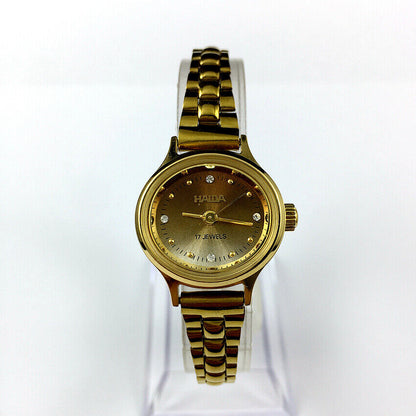 23mm HAIDA Manual Mechanical Lady Watch Golden Nail 17 Jews Gradient Brown Dial