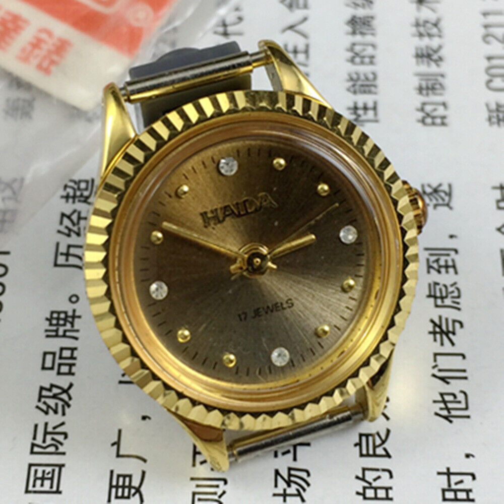HAIDA 24mm manual mechanical lady watch with golden nail markers and 17 jewels, gradient brown dial.