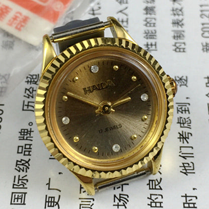 HAIDA 24mm manual mechanical lady watch with golden nail markers and 17 jewels, gradient brown dial.