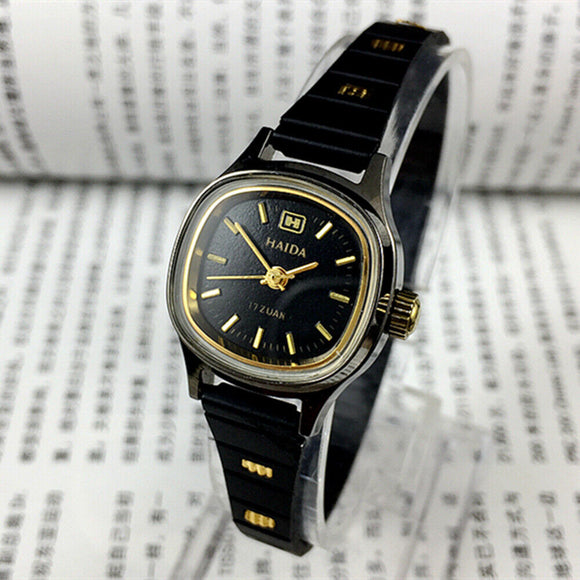 23mm HAIDA Manual Mechanical Lady Watch Golden Nail 17 Jews Black Dial 3 Hands