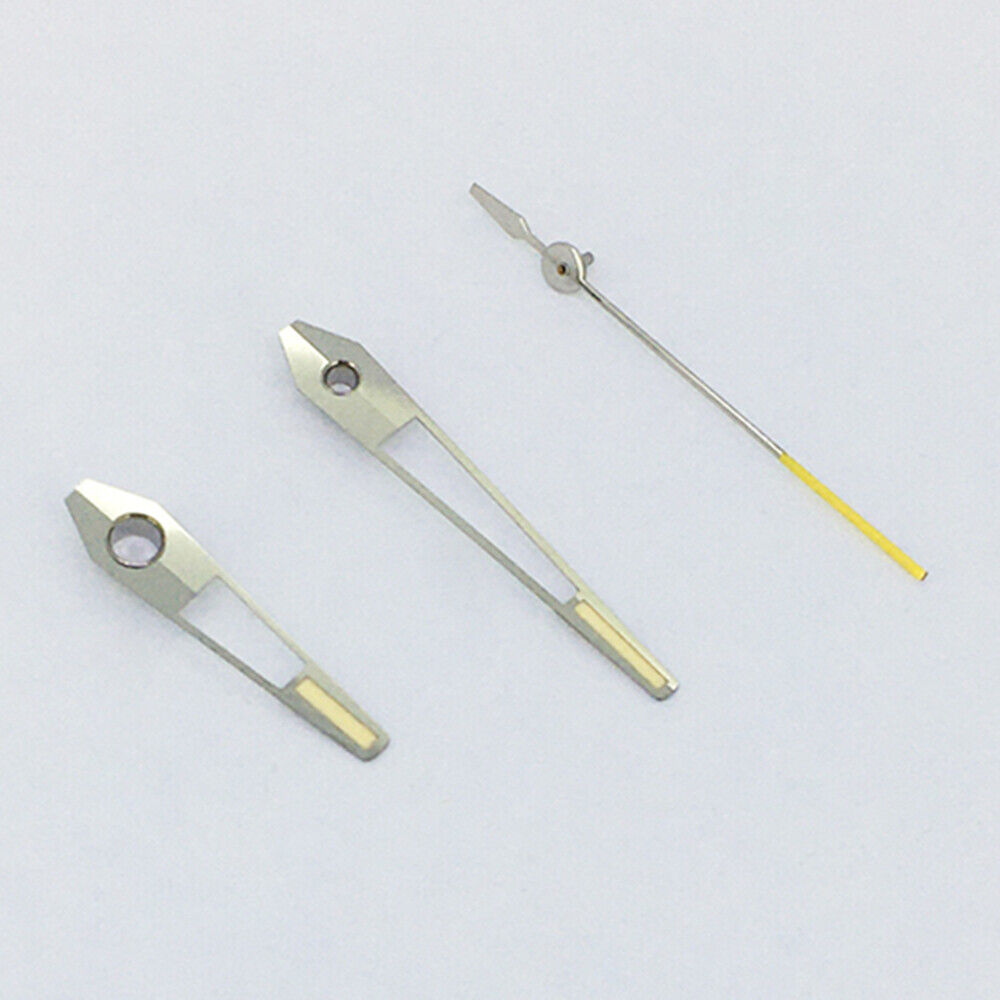 Yellow luminous watch hands with silver trim for China Made 8215/2813 and Miyota 8N24 movements, ideal for precise timekeeping.