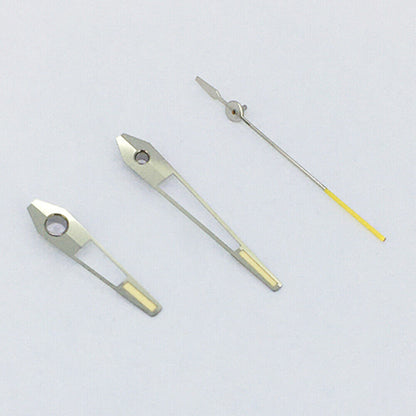 Yellow luminous watch hands with silver trim for China Made 8215/2813 and Miyota 8N24 movements, ideal for precise timekeeping.