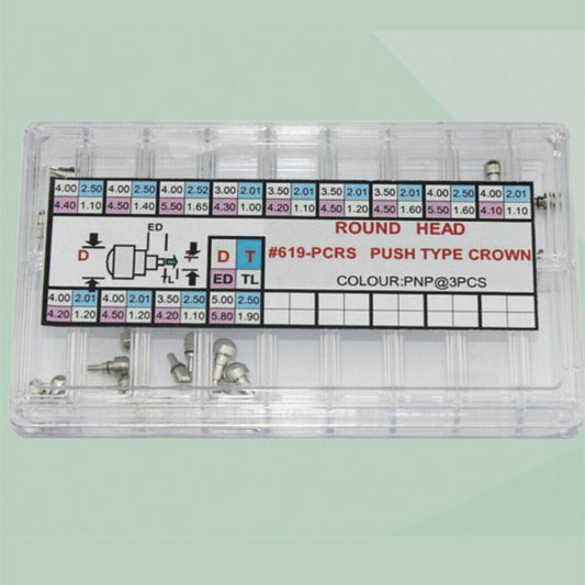 Silver round head push type watch crowns assortment kit, 39pcs in 13 sizes for watch repairs,.