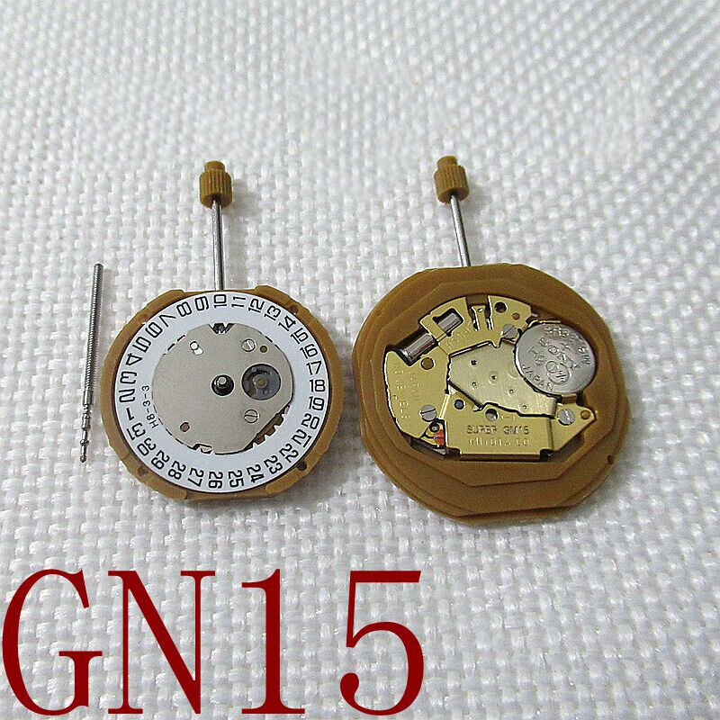 Miyota GN15 Japan quartz watch movement showing date window at 3 o'clock and 6 o'clock positions.