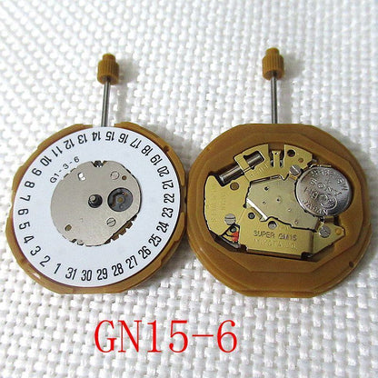 Miyota GN15 Japan quartz watch movement showing date window at 3 o'clock and 6 o'clock positions.