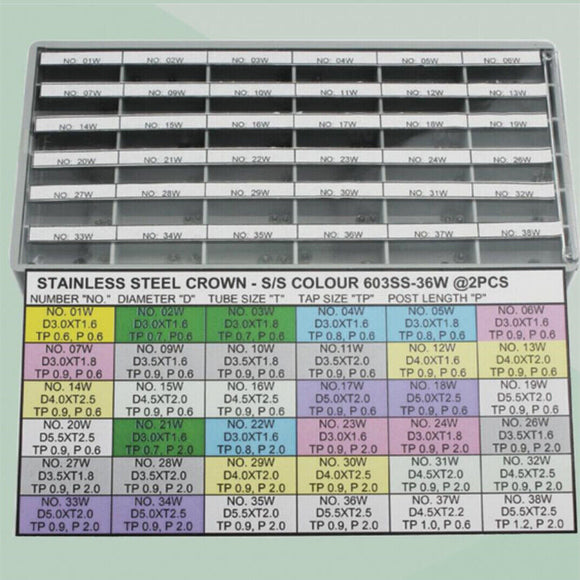 72pcs 36 Sizes Stainless Steel Silver Watch Crown Assortment Kit Watch Repair