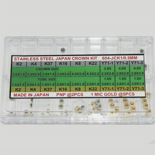 63pcs Japan stainless steel watch crowns kit in gold and silver, DIA 0.9mm for repairs and replacements.