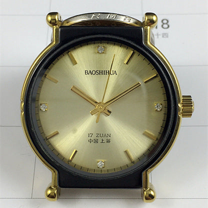 Shanghai 37mm manual mechanical watch with black round case and golden nail markers, elegant golden dial
