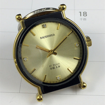 Shanghai 37mm manual mechanical watch with black round case and golden nail markers, elegant golden dial
