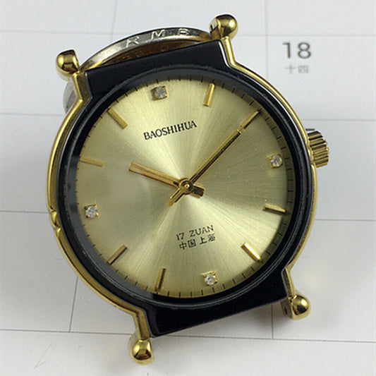 Shanghai 37mm manual mechanical watch with black round case and golden nail markers, elegant golden dial