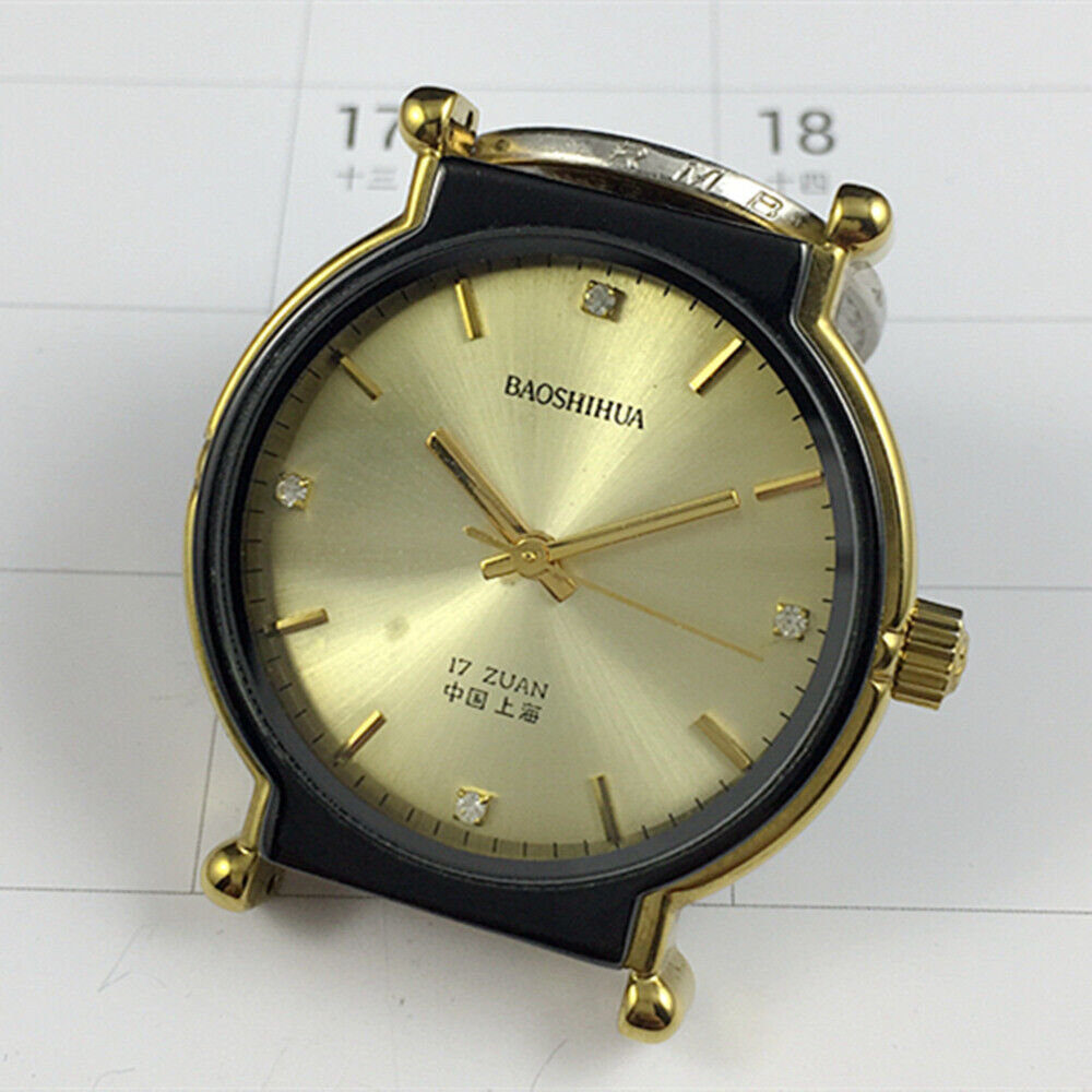 Shanghai 37mm manual mechanical watch featuring a black round case and elegant golden nail markers on a golden dial.