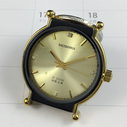 Shanghai 37mm manual mechanical watch featuring a black round case and elegant golden nail markers on a golden dial.