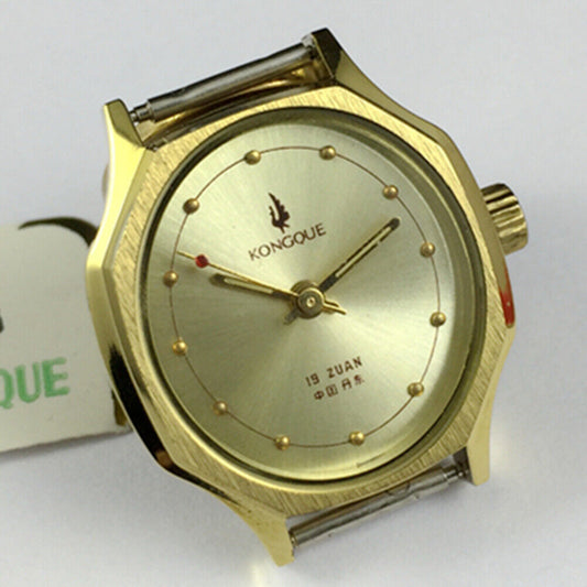 28mm Dandong Made Kongque lady mechanical watch with 19 jewels and gold dial, elegant timepiece.