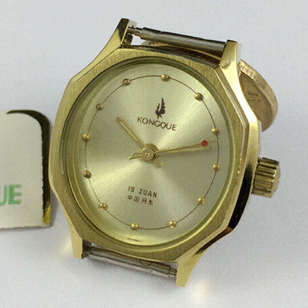 28mm Dandong Kongque lady mechanical watch with 19 jewels, gold dial, and elegant design for daily wear.