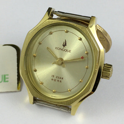 28mm Dandong Kongque lady mechanical watch with 19 jewels, gold dial, and elegant design for daily wear.