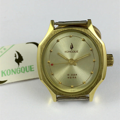 Dandong Kongque 28mm lady mechanical watch with 19 jewels, gold dial, elegant design for stylish wear.