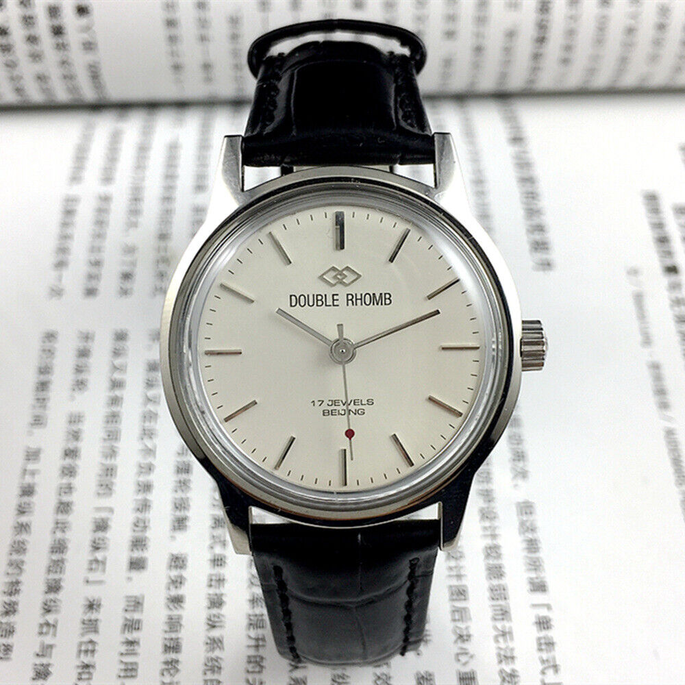 Beijing 36mm Double Rhomb watch with silver case and straps, manual mechanical movement, elegant style.