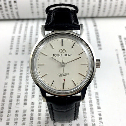 Beijing 36mm Double Rhomb watch with silver case and straps, manual mechanical movement, elegant style.