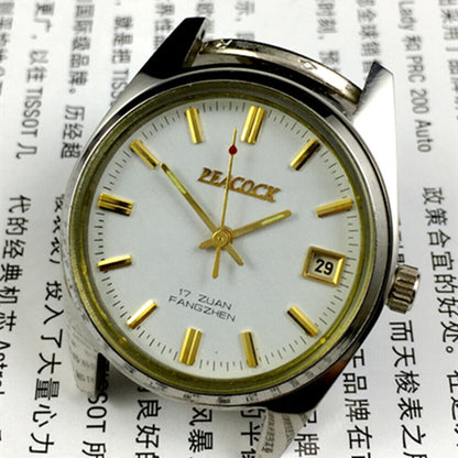 Liaoning Factory Made Peacock manual mechanical watch featuring 17 jewels and shock-resistant design for long-lasting durability.