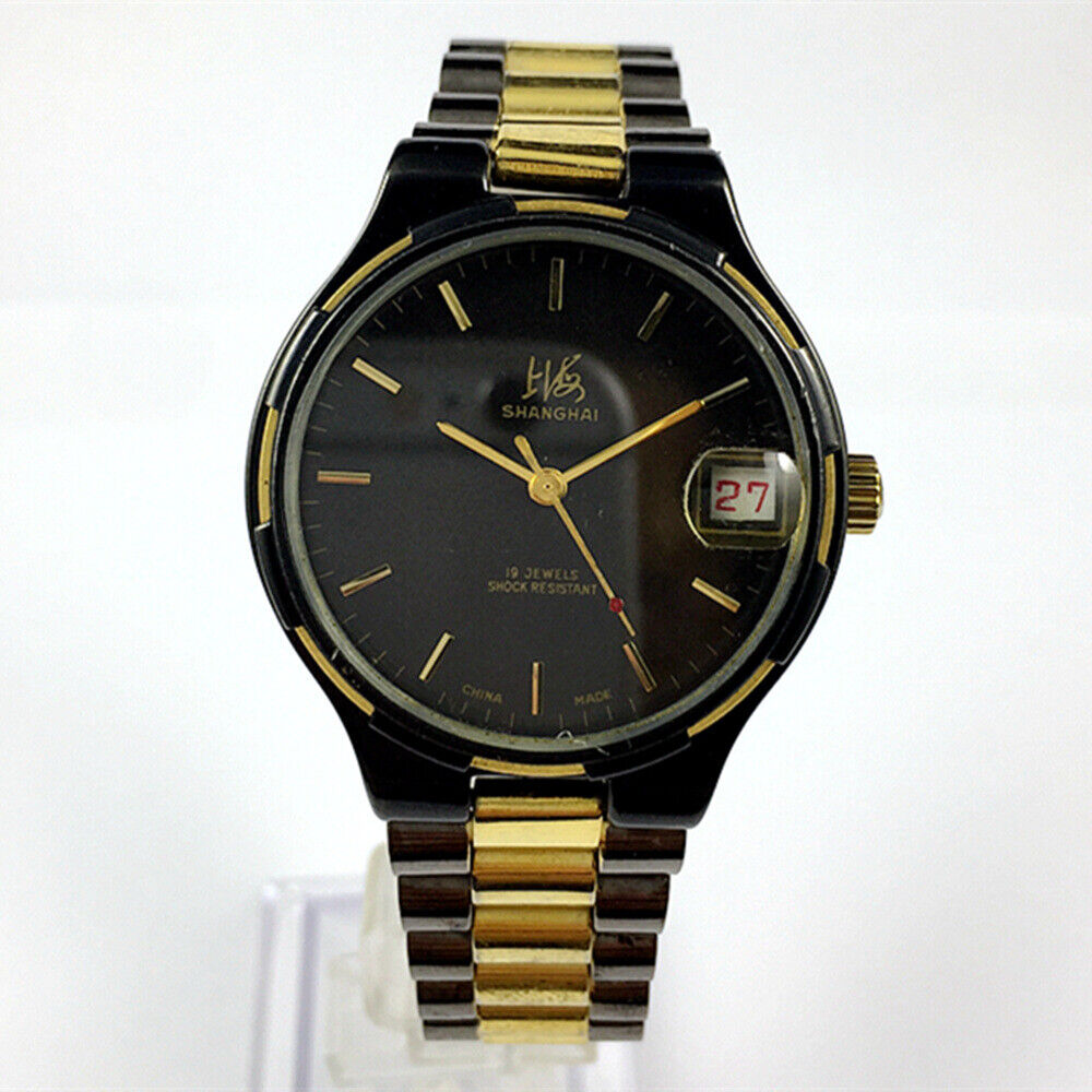 Montre mécanique manuelle de 37 mm fabriquée en usine à Shanghai, noire, 19 pouces, résistante aux chocs