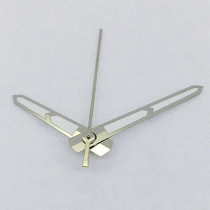 Green luminous watch hands with silver trim for Asian 8215/2813 and Miyota 8N24 movements, ideal for watch repair.