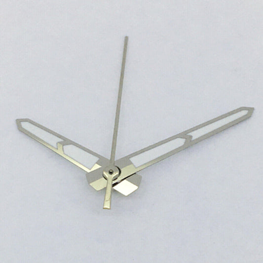 Green luminous watch hands with silver trim for Asian 8215/2813 and Miyota 8N24 movements, ideal for watch repair.