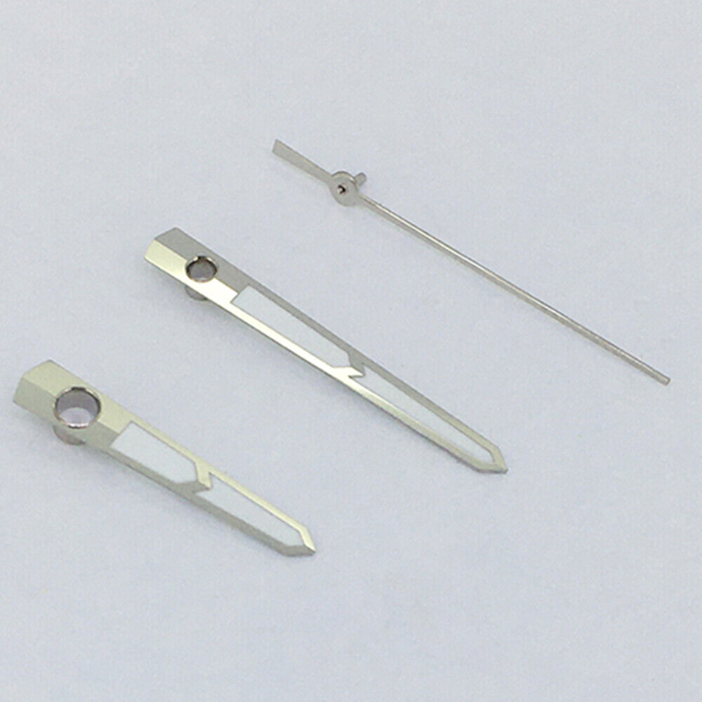Green luminous watch hands with silver trim for Asian 8215/2813 and Miyota 8N24 movements, perfect for precise watch repair.