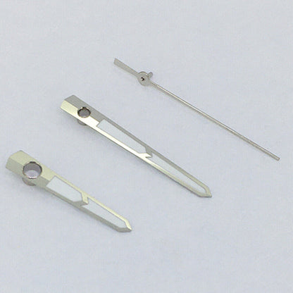 Green luminous watch hands with silver trim for Asian 8215/2813 and Miyota 8N24 movements, perfect for precise watch repair.