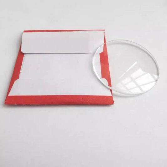 Set of 5 round single dome watch glass crystals, 25-35mm, 1.5-2.5mm thick for watch repair accessories.