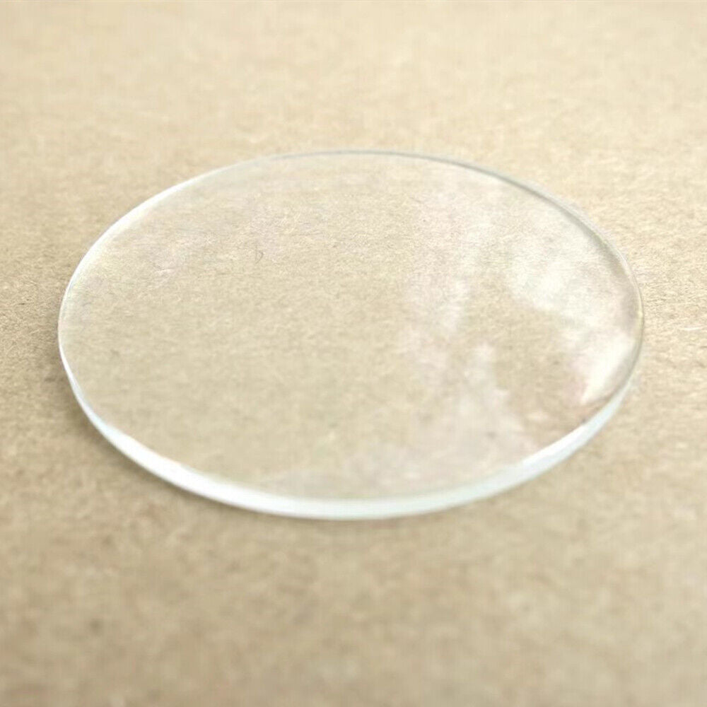 Set of 5 round single dome watch glass crystals, 25-35mm, 1.5-2.5mm thick, perfect for watch repair accessories.