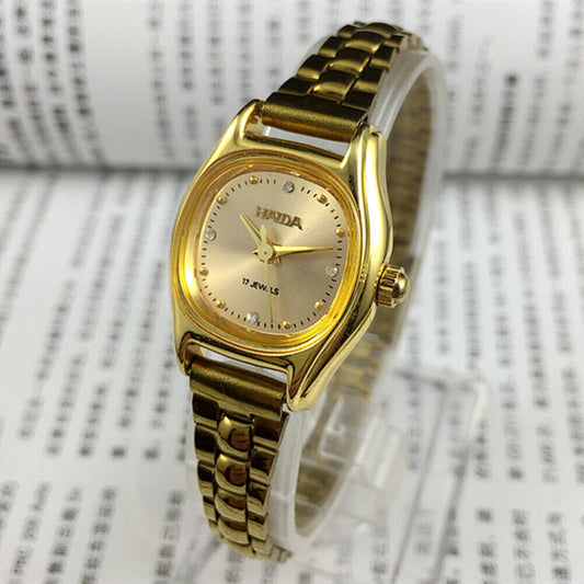 Elegant HAIDA lady watch with golden nail markers, 17 jewels, champagne dial, and square case design.