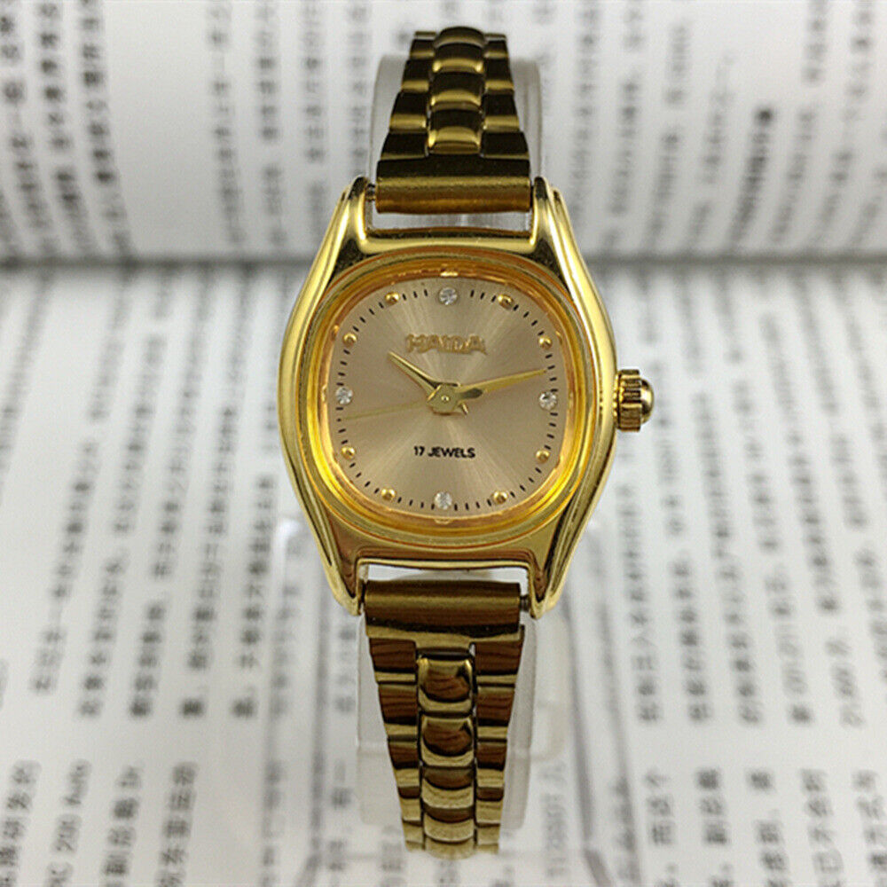 HAIDA elegant lady watch with 17 jewels, champagne dial, golden nail markers, and square case design.