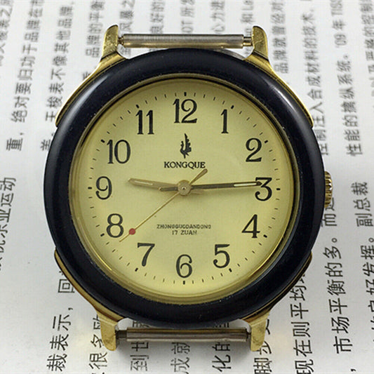 36mm Kongque Peacock manual mechanical watch with 17 jewels and black leather band for classic style