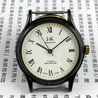 37mm Shanghai Factory manual mechanical watch with Roman numerals, 17 jewels, classic design.