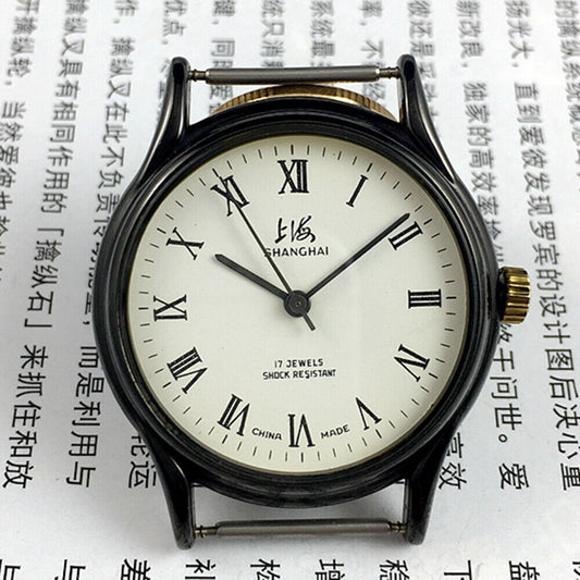 37mm Shanghai Factory manual mechanical watch with Roman numerals, 17 jewels, classic design.