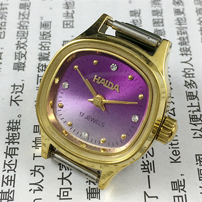SHANGHAI HAIDA Montre mécanique manuelle pour femme, clou doré, cadran violet, boîtier carré