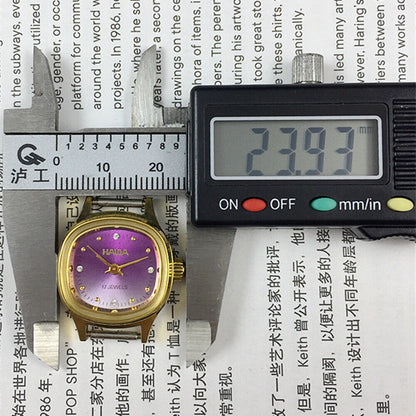 SHANGHAI HAIDA Montre mécanique manuelle pour femme, clou doré, cadran violet, boîtier carré