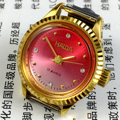 HAIDA 24mm Lady Watch with golden nail bezel, 17 jewels, gradient red dial for elegant look.