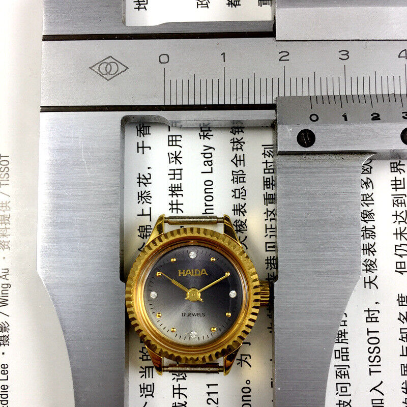 HAIDA 24mm mechanical lady watch with grey dial, golden nail markers, and 17 jewel movement in round case.